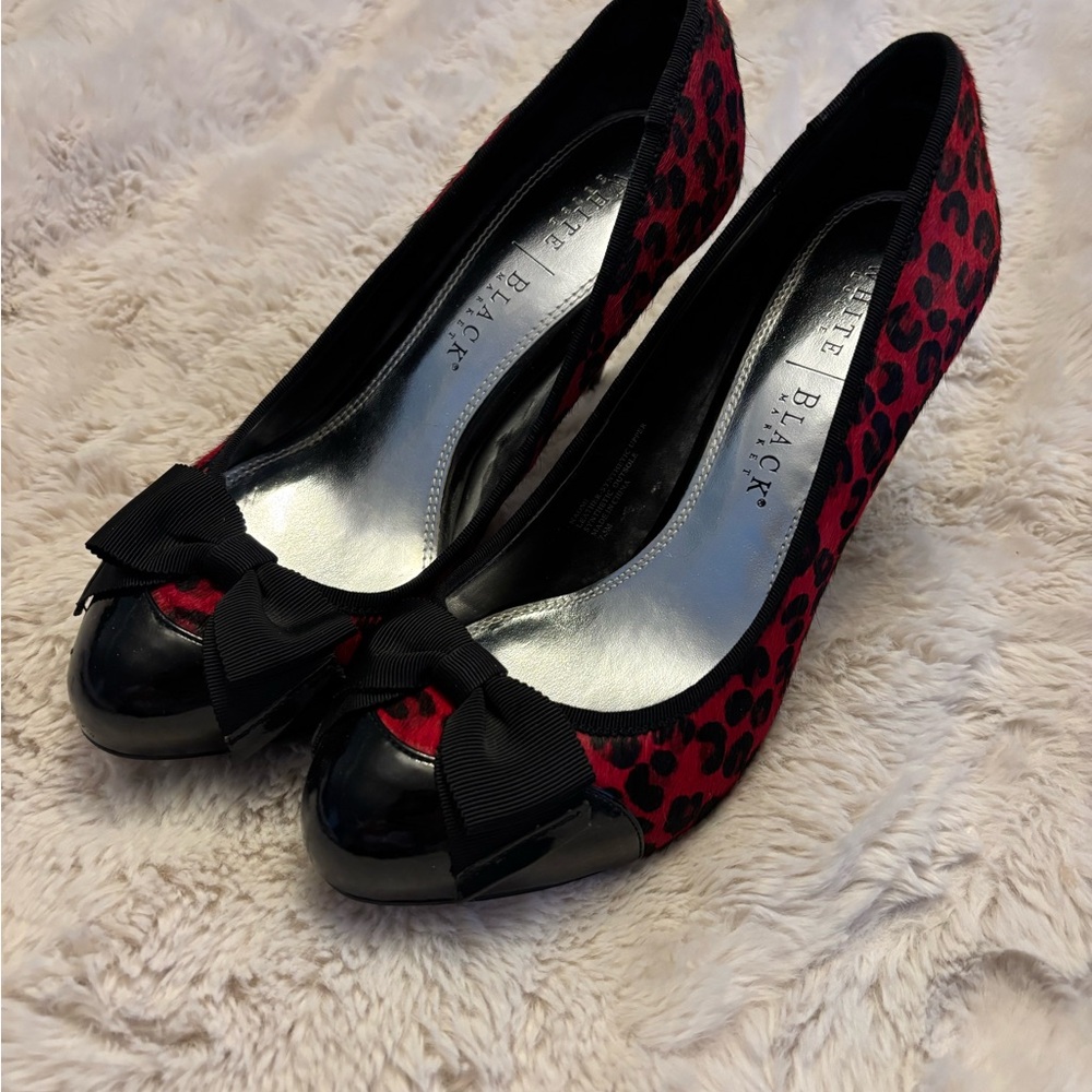 WHBM Red Leopard Print Bow Cap-Toe Heels